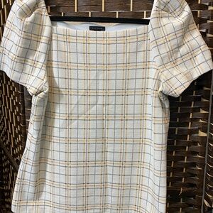 Ann Taylor Cream Plaid Square-Neck Puff Sleeve Top